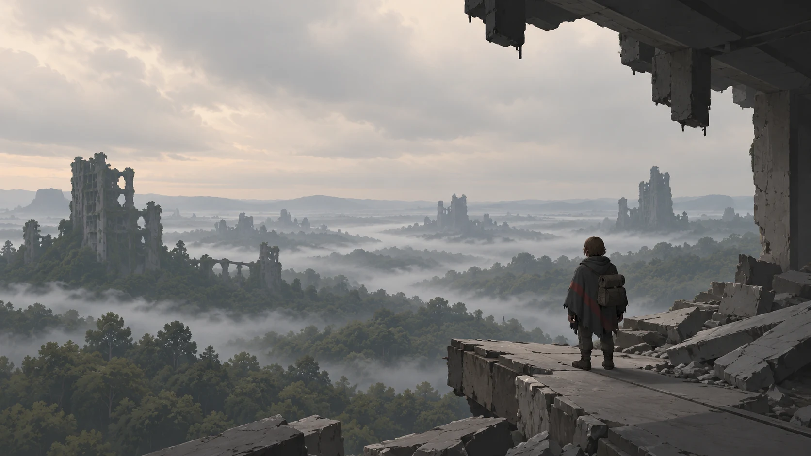 Une Terre dévastée, des forêts et des ruines noyées dans la brume.